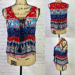 Patrons of Peace Crinkly Boho Print Front Tassel Ties Top